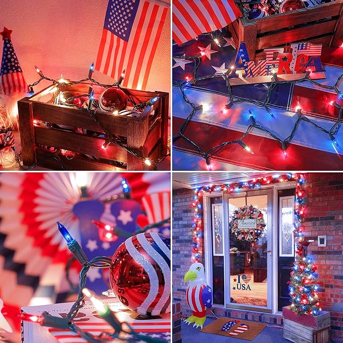 50 Count Red White and Blue Mini String Lights with Green Wire,Connectable 13ft 120V Waterproof 4th of July Patriotic Incandescent Lights, Independence Day Lights for Outdoor Indoor Decor