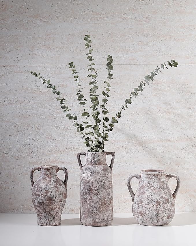 Ceramic Vase Set of 3, Handmade Rustic Farmhouse Vases with Handles, Glazed Interior, Aged Terracotta Finish, Boho Home Decor for Table, Shelf, Mantel, Flower Arrangement