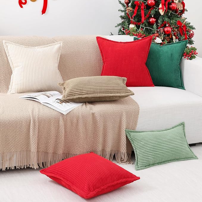 Mecatny Corduroy Throw Pillow Covers 16x16 Set of 2, Neutral Decorative Soft Boho Couch Pillow Covers with Broadside for Sofa Living Room, Red