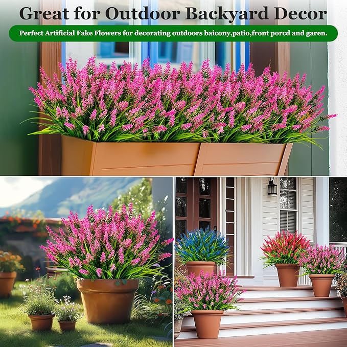 Artificial Flowers for Outdoor Plants 24 Bundles Fake Lavender Plastic Faux Monkey Grass for Verandah Window Garden Office Patio Front Porch UV Resistant for Planter(Pink)
