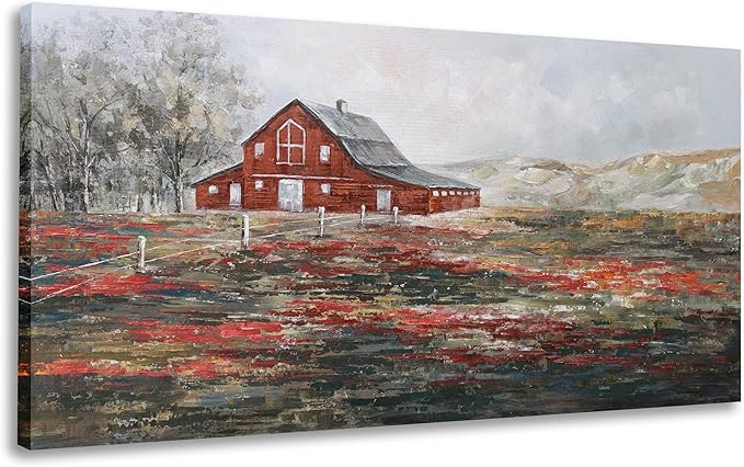 Farmhouse Wall Art Canvas Picture Red Rustic Barn Farm Artwork Decor Country Landscape Panoramic Countryside Rural Nature Scene Painting for Living Room Bedroom Office Decor Wall Decor 24"x48"