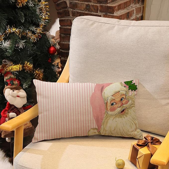Nostalgic Santa Pillow Cover - 12X20 Inch Merry Christmas Pink Striped Throw Pillow Covers Santa Claus Pillowcase Xmas Pillow Cushion for Farmhouse Decor