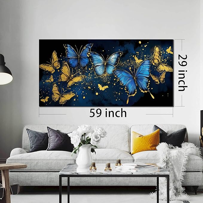 Butterfly Canvas Wall Art for Living Room - Modern Wall Art Office - Blue and Gold Butterfly Wall Art for Bedroom Size 29" x 59"
