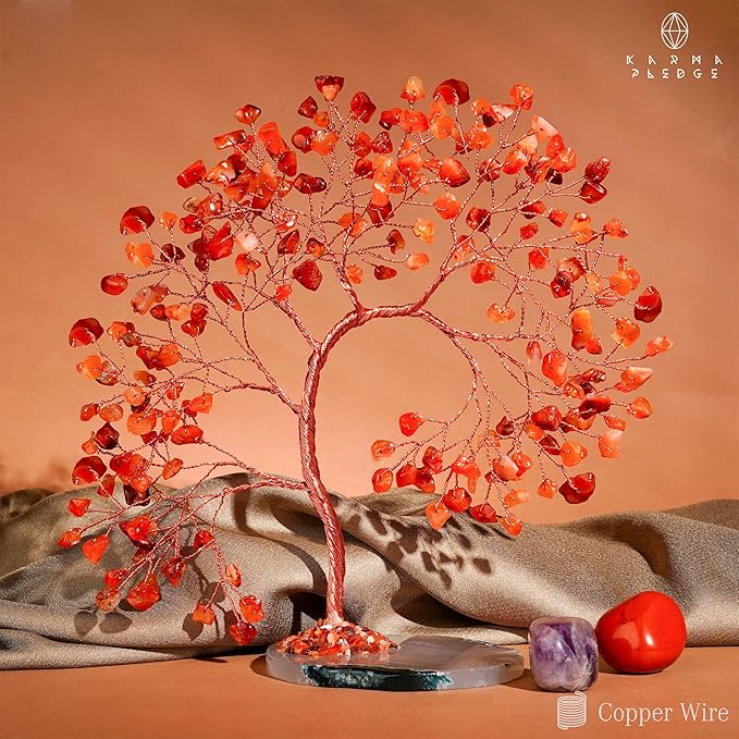 Carnelian Healing Crystal Tree of Life for Home and Office Decor, Positive Energy, Wealth, Good Luck, Reiki Healing Crystals and Stones, Handmade Feng Shui Decoration, Birthday Gifts for Women, Mom