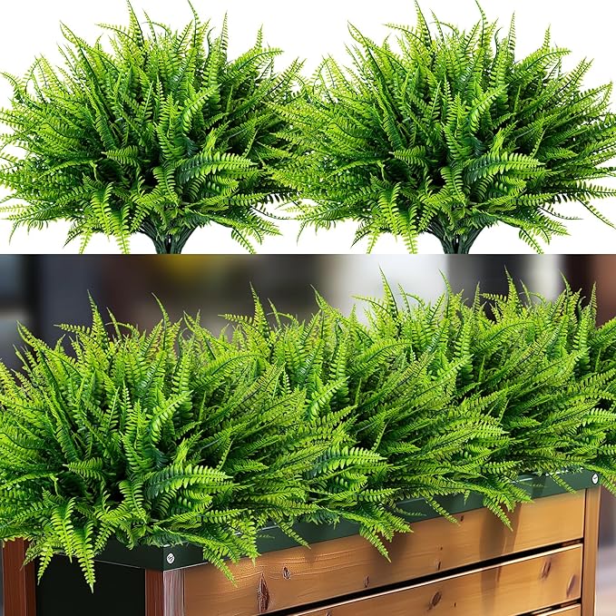 24 Bundles Artificial Fake Plants for Outdoor Faux Boston Fern for Home Decor UV Resistant Fake Plants Greenery for Front Porch Planter Indoor or Outdoor (Green)