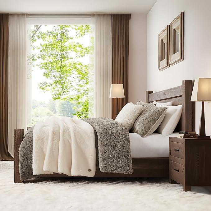 UGG Plush Faux Fur Throw Blanket Reversible Medium Weight Luxury Soft Throw Blankets for Bed or Chair, Hypoallergenic, Machine Washable, Home Decor, 50-inch x 70-inch, White Snow (Euphoria)