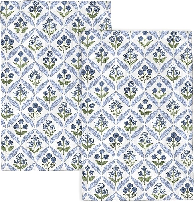 Navy Blue Green Boho Kitchen Towels 16x24 Inch Vintage Flowers Decor Dish Towels Spring Floral Summer Seasonal Decoration Hand Towels Absorbent Dish Cloths for Home Kitchen Dining Set of 2