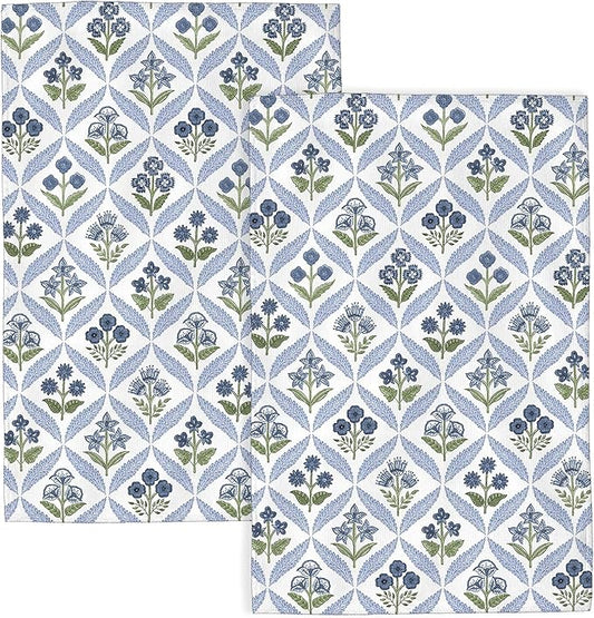 Navy Blue Green Boho Kitchen Towels 16x24 Inch Vintage Flowers Decor Dish Towels Spring Floral Summer Seasonal Decoration Hand Towels Absorbent Dish Cloths for Home Kitchen Dining Set of 2