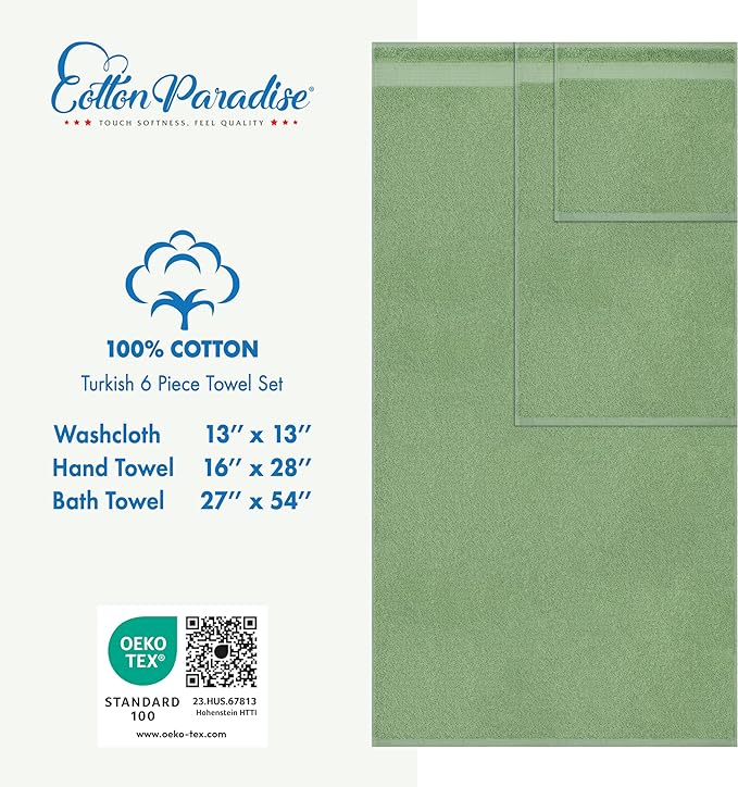 Cotton Paradise 6 Piece Towel Set 100% Cotton Soft Absorbent Turkish Towels for Bathroom 2 Bath Towels 2 Hand Towels 2 Washcloths Sage Green Towel Set