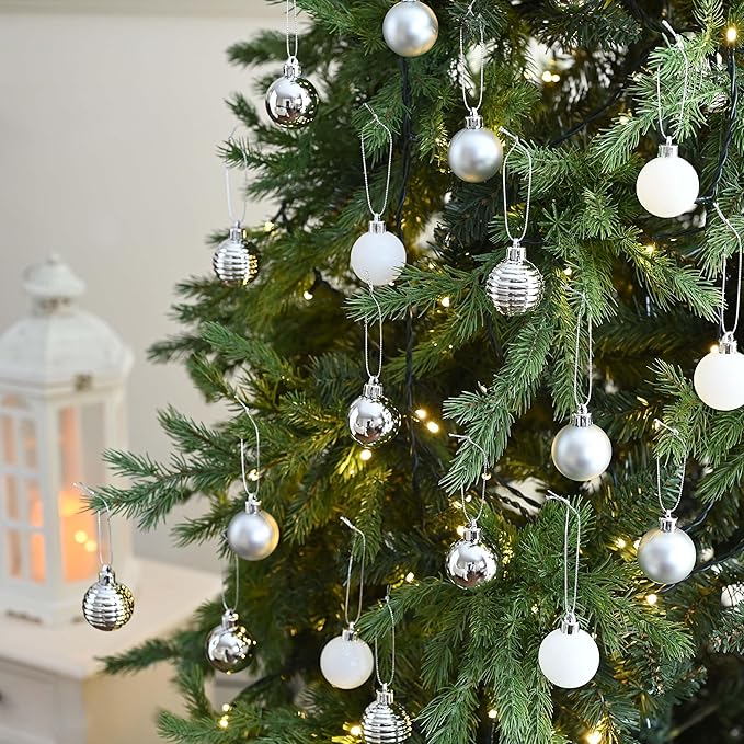 Valery Madelyn 1.57 Inches Small Christmas Tree Decorations Ornament Set for 4th of July Fall Halloween, 24ct White and Silver Shatterproof Hanging Ball Ornaments Holiday Party Decor
