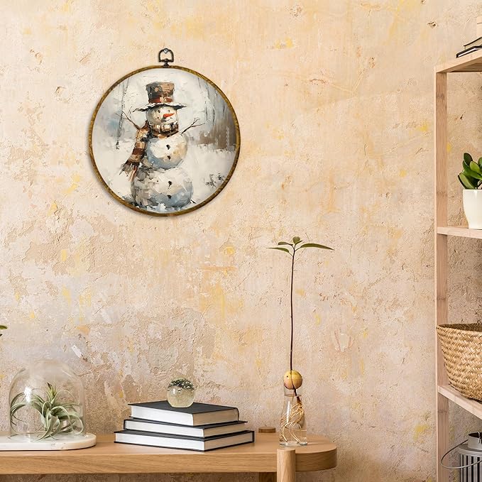 CUANFDDSF Vintage Winter Christmas Snowman Round Wall Art Decor, Cozy Winter Rustic Snowman Wall Hanging Frame Decor, Retro Christmas Canvas Prints Decorations for Home Bedroom Living Room, 10x10 Inch