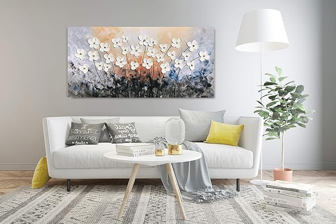 Yihui Arts Hand-Painted Oil Painting on Canvas Textured White Floral Wall Art Modern Horizontal Decor for Living Room Bedroom Office