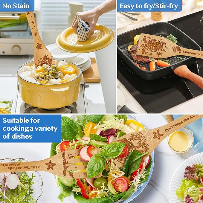 Sea Turtle Gifts for Women,8PCS Coastal Bamboo Cooking Utensil Spoon with Apron Oven Mitt Potholder for Kitchen Decor,Ocean Themed Stuff for Turtle Lovers,Mom,Housewarming,Birthday Gifts