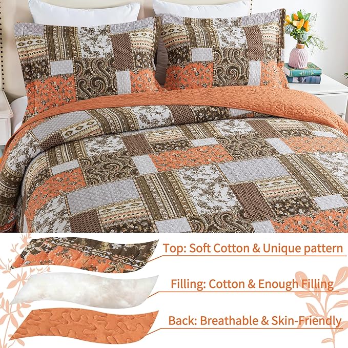 VAPUTAR Quilts Queen Size - Fall Cotton Quilt Set Quilted Bedspread Coverlet Lightweighet Bedding Set with Shams for All Season, 3 Piece Boho Patchwork Quitled Bedspread Queen Size (Dream Orange)
