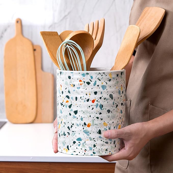 Kitchen Utensil Holder,7.2″Extra Large Stable Terrazzo Marble Pattern Ceramic Utensil Crock,Utensil Organizer for Countertop,Kitchen Decor,Utensil Holder for Housewarming,Wedding Gift Blue