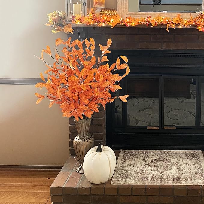 Uieke 6 Pcs Artificial Fall Eucalyptus Stems Fall Eucalyptus Leaves Plants Fall Decorations with Fall Leaves for Autumn Office Home Wedding Centerpiece Fall Florals Arrangement Decor (Orange)