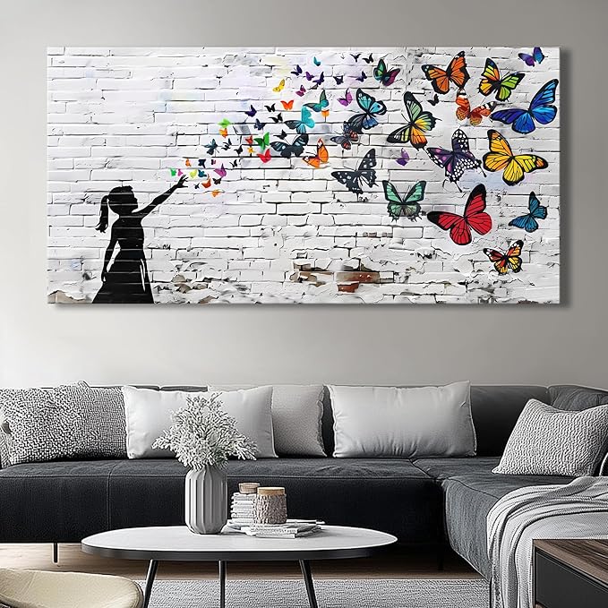 Canvas Wall Art Butterfly Girl - Modern Graffiti Paintings for Living Room, Bedroom Wall Decor, Framed Wall Art for Home or Office Decoration 28x58IN