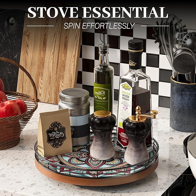 Oak Bohemia Lazy Susan 10.2" Turntable Organizer for Table Top with Ceramic 3D Boho Texture, Round Wooden Lazy Susan for Dining Table Decor, Kitchen, Countertop, Home Decor, Walnut Wood, Farmhouse