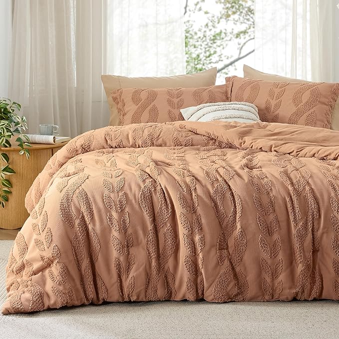 Bedsure King Size Comforter Set Taupe, Boho Tufted Bed Set, Farmhouse Jacquard Cable Knit Pattern Bedding, 3 Pieces, 1 Shabby Chic Fluffy Comforter & 2 Pillow Shams