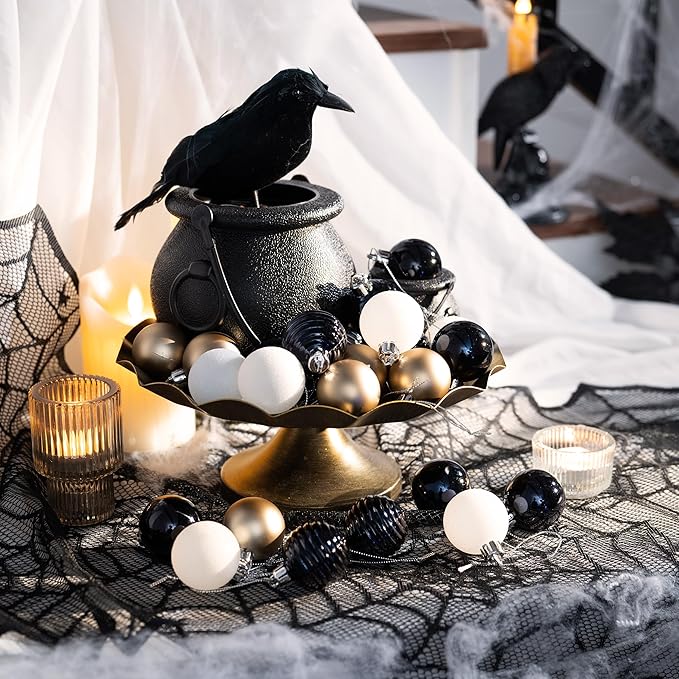 Valery Madelyn 1.57 Inches Small Christmas Tree Decorations Ornament Set for 4th of July Fall Halloween, 24ct Black White Gold Shatterproof Hanging Ball Ornaments Holiday Party Decor