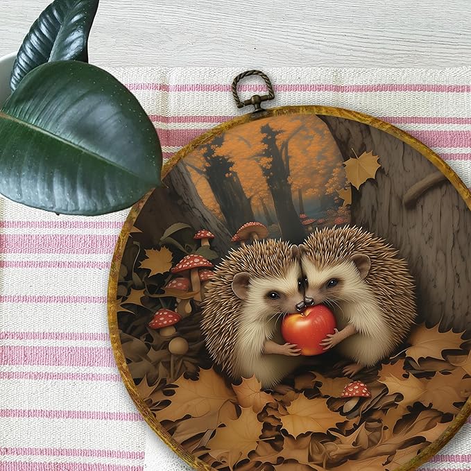 Mcehtle Vintage Fall Hedgehog Wall Art Decor,Rustic Autumn Cottagecore Forest Framed Canvas Prints 10x10, Animal Wildlife Maple Leaves Round Wall Hanging Artwork Decorations for Home Bedroom Gallery