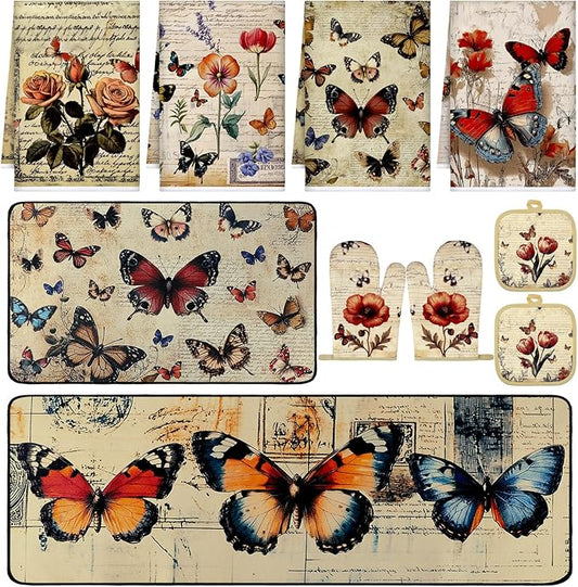 10 Pcs Butterfly Kitchen Decor Sets, 4 Butterfly Kitchen Dish Towels 2 Pot Holders 2 Oven Mitts Glove Non Slip Rugs and Mats for Floor Home Decorations Accessories Christmas Farmhouse Gifts