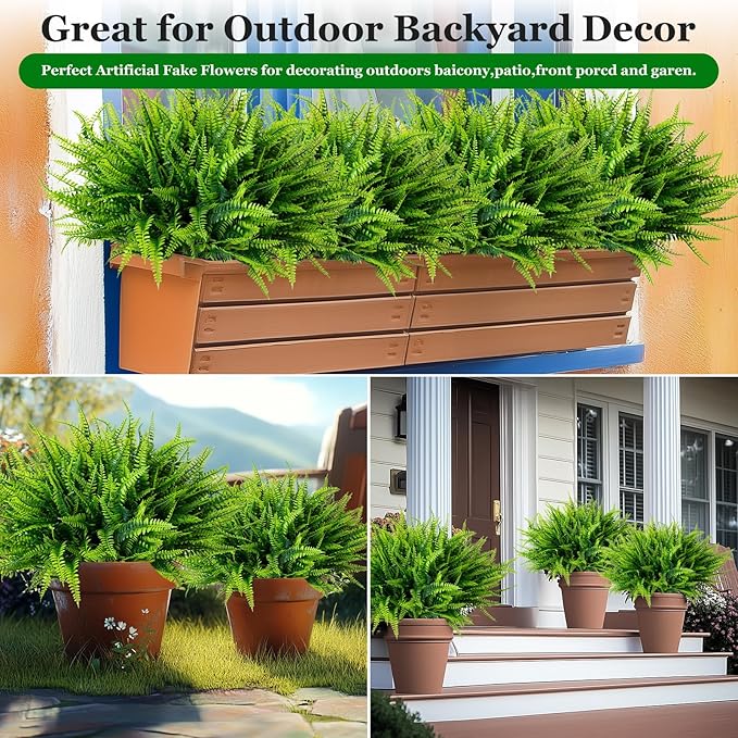 24 Bundles Artificial Fake Plants for Outdoor Faux Boston Fern for Home Decor UV Resistant Fake Plants Greenery for Front Porch Planter Indoor or Outdoor (Green)