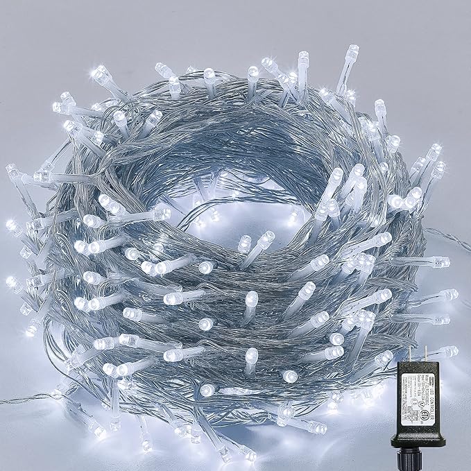 LJLNION 300 LED String Lights Outdoor Indoor, Extra Long 98.5FT Super Bright Christmas Lights, 8 Lighting Modes, Plug in Waterproof Fairy Lights for Holiday Wedding Party Bedroom Decorations ( White)
