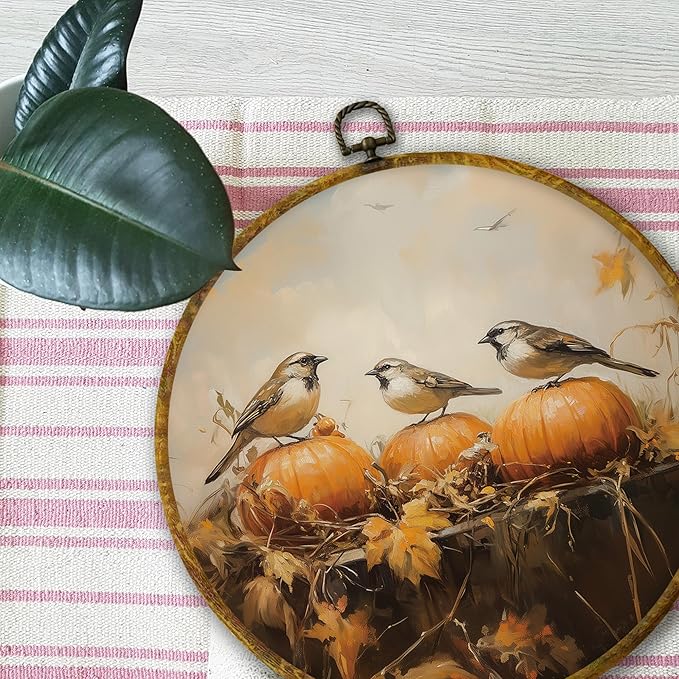 Mcehtle Rustic Fall Bird Pumpkin Wall Art Decor, Autumn Maple Leaf Sparrow Bird Framed Canvas Prints 10x10, Thanksgiving Halloween Farmhouse Round Wall Hanging Artwork Decorations for Home Bedroom