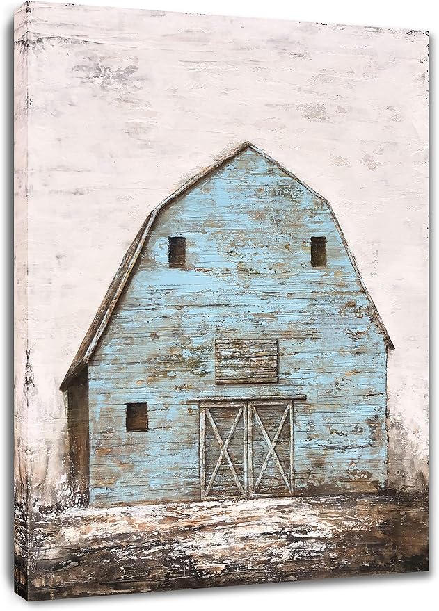 Yihui Arts Modern Abstract Farmhouse Wall Art Hand Painted Teal and Blue Barn Painting Pictures for Living Room Decoration