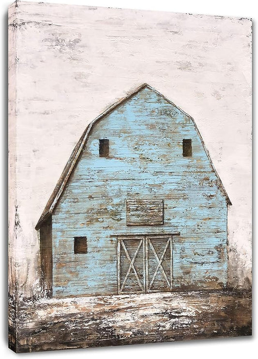 Yihui Arts Modern Abstract Farmhouse Wall Art Hand Painted Teal and Blue Barn Painting Pictures for Living Room Decoration