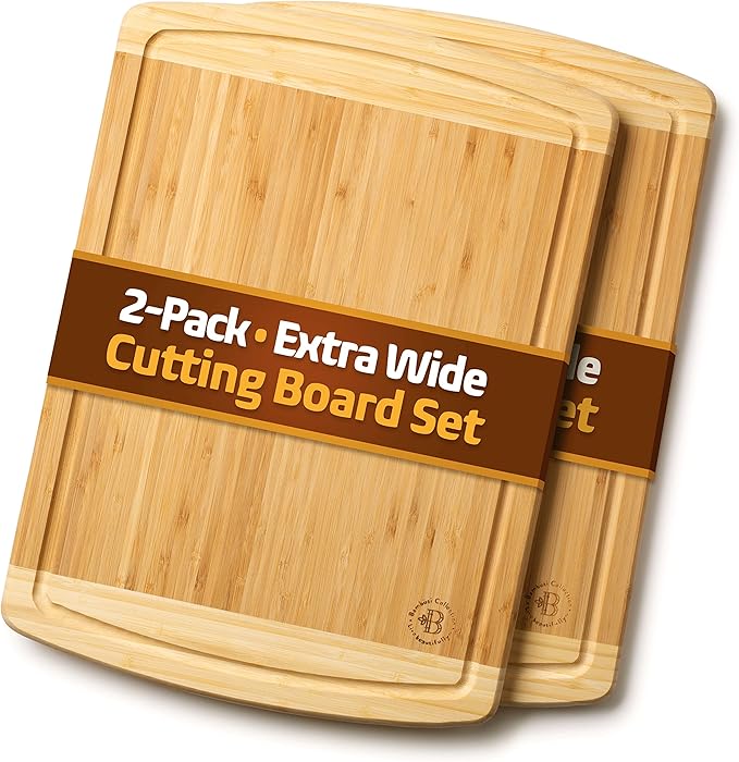 Bamboo Cutting Boards for Kitchen 2-PC Set - Wood Chopping Boards with Juice Groove, 18" x 12" Wooden Cutting Board for Vegetables, Fruit and Cheese Charcuterie Serving Tray XL