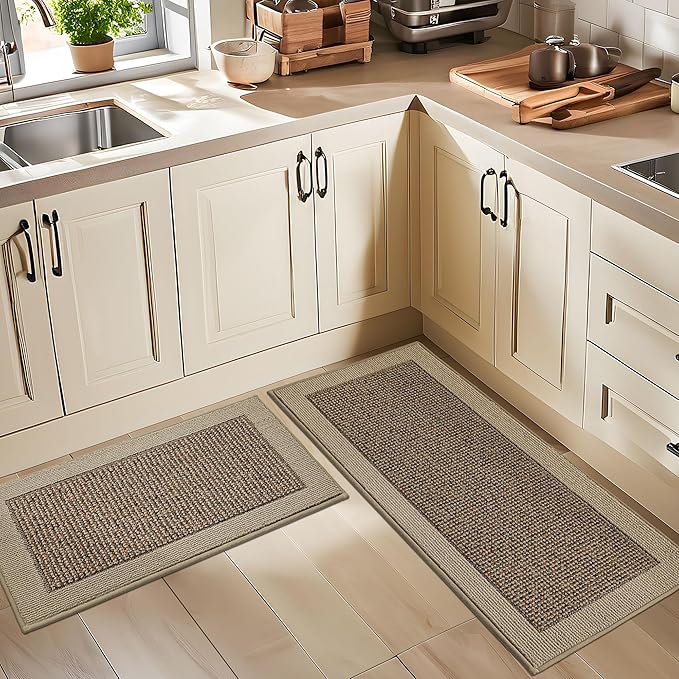 BEQHAUSE Kitchen Rugs and Mats Set of 2 Non-Slip Kitchen Mats for Floor, Absorbent and Stain Resistant Kitchen Runner, Machine Washable Rugs for Kitchen, Laundry & Sink, 20"x32"+20"x48", Taupe