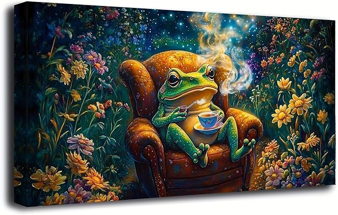 Garden Frog Sipping Tea Picture Print Canvas Wall Art Living Room Office Bedroom Wall Decoration Fantasy Wall Art Prints Modern Green Blue Landscape Artwork Waterproof Ready to Hang - 20x40 inches