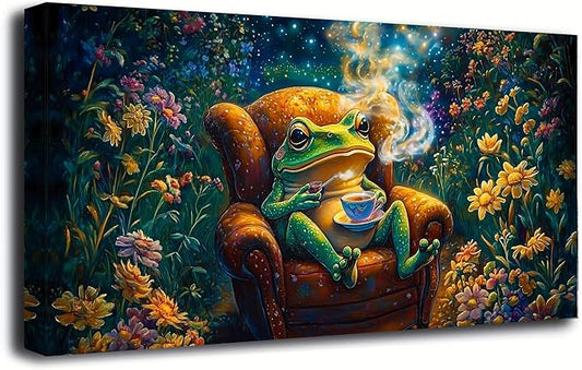 Garden Frog Sipping Tea Picture Print Canvas Wall Art Living Room Office Bedroom Wall Decoration Fantasy Wall Art Prints Modern Green Blue Landscape Artwork Waterproof Ready to Hang - 20x40 inches