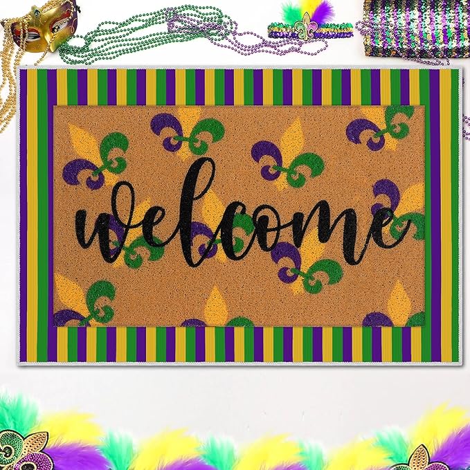 2 Pcs Door Mat Welcome Non Slip Coir Mats Floor Layering Doormats Seasonal for Front Porch Entryway Decor(Mardi Gras)
