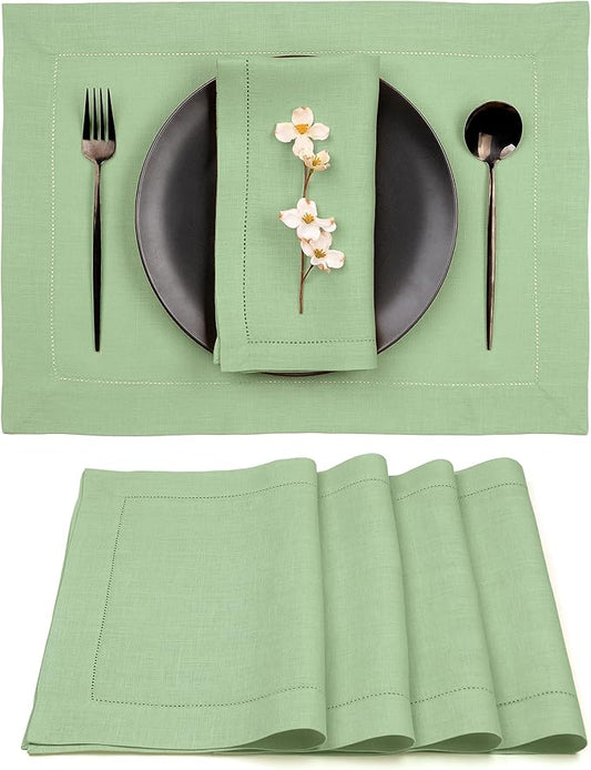 D'Moksha Homes Sage Green Linen Cloth Placemats Set of 4-100% Pure Linen Hemstitch Placemats 14 x 19 Inch - Classic Hemstitch Table Place Mats for Fall, Halloween - Handcrafted and Machine Washable