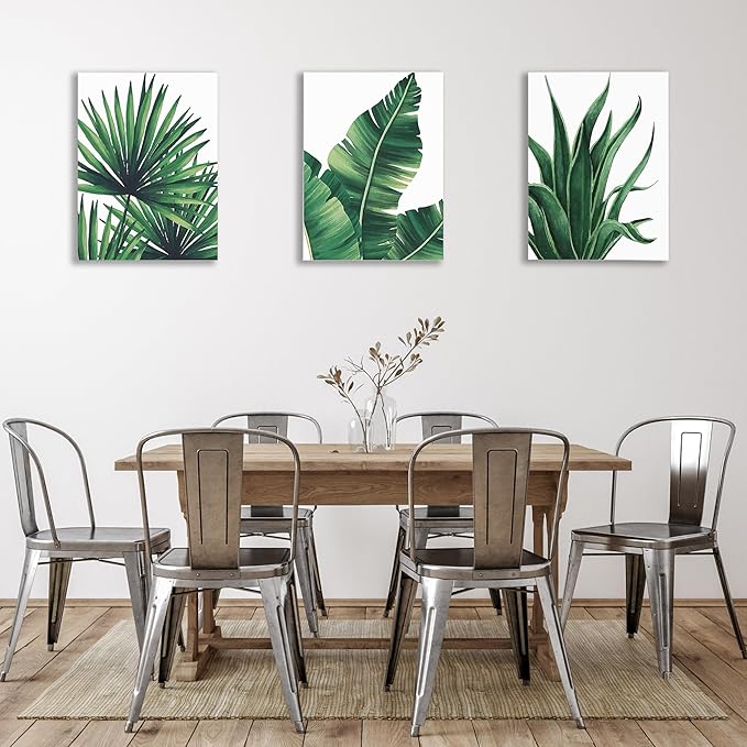 COSCTOR Botanical Wall Art Set of 3 Bathroom Green Plant Tropical leaf Picture Framed Prints for Home Living Room Bedroom Restroom Decoration(Framed,12x16)