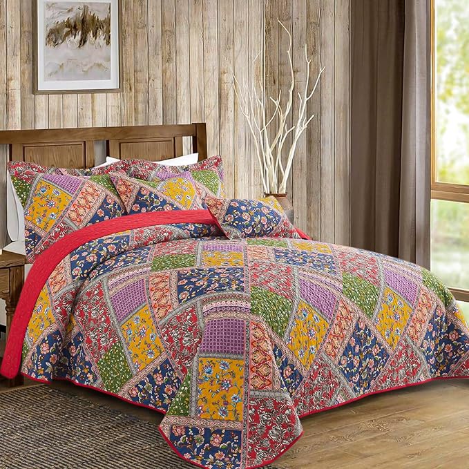 VAPUTAR Cotton Quilt King Size Set, Quilted Bedspread Coverlet (96 * 108 Inch) with 2 Pillowcovers, 3 Pieces Lightweight Farmhouse Style with Patchwork Design King Quilt Bedding Set for All Season.