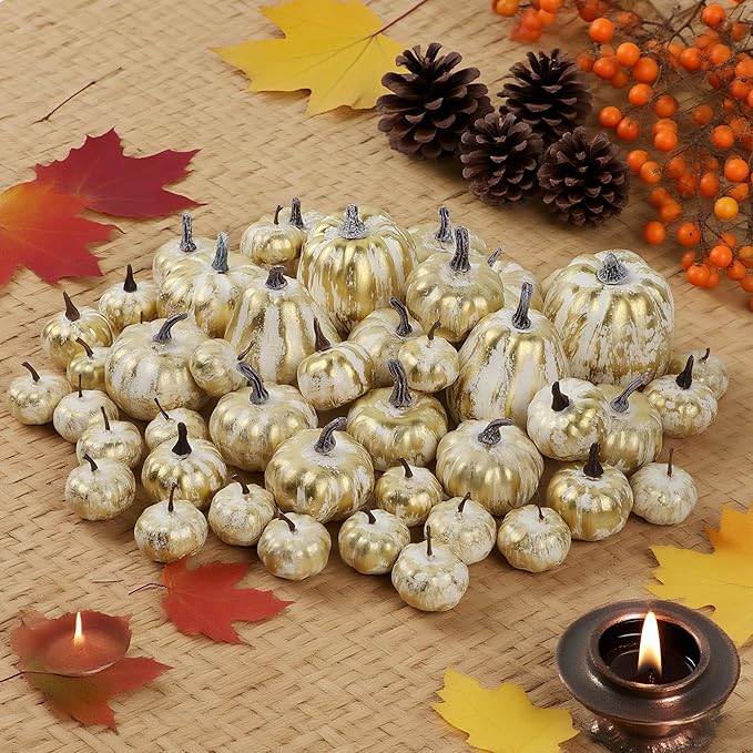 winemana 46 Pcs Assorted Size Artificial Pumpkins Fall Decorations, Gold Foam Pumpkin Autumn Decor, Decorative Faux Pumpkin for Halloween Thanksgiving Table Centerpiece Mantle Bowl Wedding Party