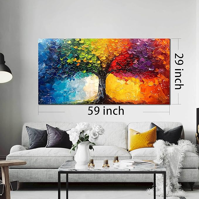 Large Tree Pictures for Living Room - Modern Canvas Wall Art for Office - Colorful Wall Decor for Girls Bedroom Size 29" x 59"