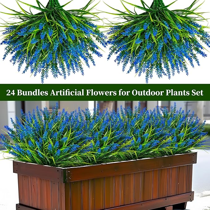 Artificial Flowers for Outdoor Plants 24 Bundles Fake Lavender Plastic Faux Monkey Grass for Verandah Window Garden Office Patio Front Porch UV Resistant for Planter(Blue)