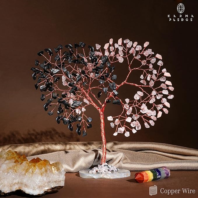 Crystal Tree for Home and Office Decoration, Black Obsidian & Rose Quartz Healing Stones Handmade Tree of Life for Positive Energy, Money, Good Luck, Christmas Decor, Birthday Gifts for Women, Mom