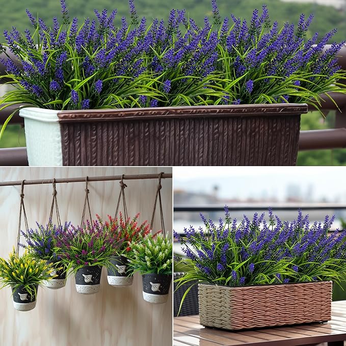 Artificial Flowers for Outdoor Plants 24 Bundles Fake Lavender Plastic Faux Monkey Grass for Verandah Window Garden Office Patio Front Porch UV Resistant for Planter(Purple)