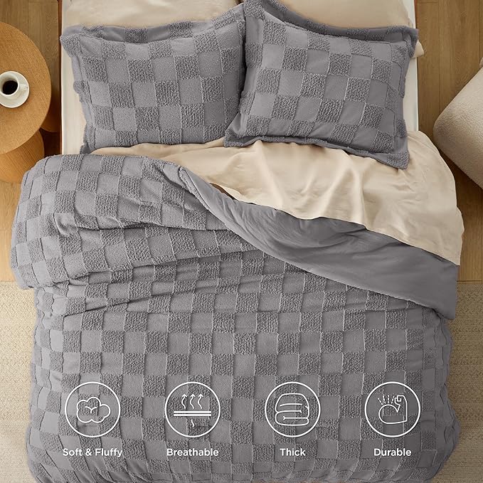 Bedsure Queen Size Comforter Set Grey, Boho Tufted Bed Set, Checkered Farmhouse Shabby Chic Bedding, 3 Pieces, 1 Plaid Geometric Comforter and 2 Pillow Shams