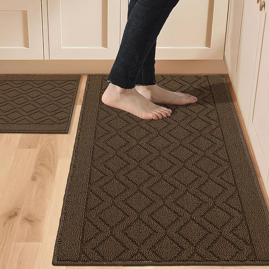 COSY HOMEER 48x20 Inch/30X20 Inch Kitchen Rug Mats Made of 100% Polypropylene 2 Pieces Soft Kitchen Mat Specialized in Anti Slippery and Machine Washable,Brown