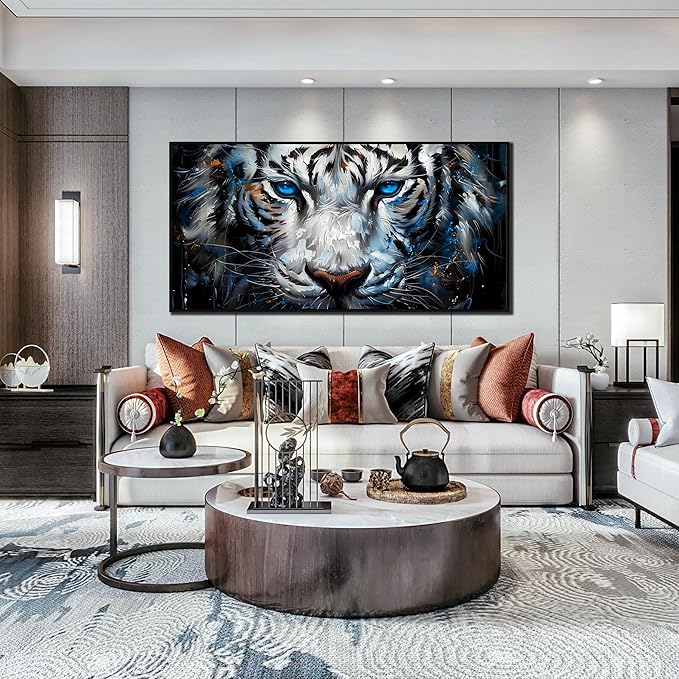 ZHAOSHOP White Tiger Art Wall Decor for Living Room - Black and White Office Decor for Men - Black Framed Canvas Wall Art Size 29" x 59"