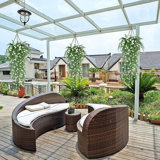 SJL 4pcs Fake Hanging Plants Realistic Artificial Outdoor Flowers Hanging Greenery Artificial Ivy Vine Leaves Faux Green Plastic Plants Greenery Flowers Green Leaf Decor for Wall Home (White)