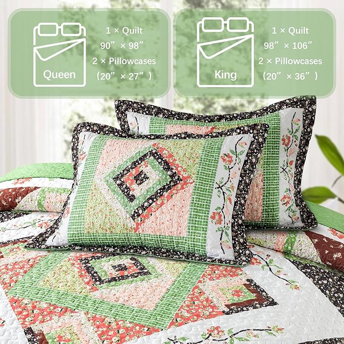 VAPUTAR Quilt King Size Bedding Set - Soft King Size Quilt Set for All Season, Lightweight Reversible Coverlet Bedspread for Farmhouse Bedroom (98 × 106 Inch), Green