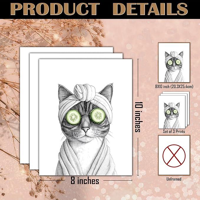 FITIE Funny Cat Bathroom Wall Art Prints Set of 3, Black and White Funny Cat Wall Art Posters for Bathroom Washroom Restroom Decor, 8x10 Unframed